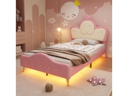 Cama Infantil 90x200 Cm Tapizada Rosa/blanca, Led, Cabecero Corona, Protectores Laterales, Patas Metálicas, Pu.