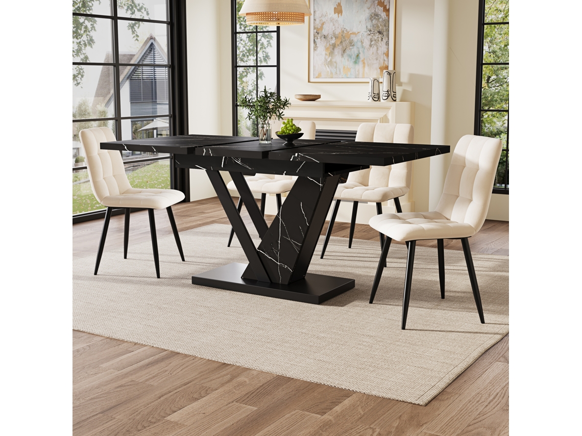 Mesa de comedor extensible con diseño de mármol negro para cocinas y salones (120 x 160 x 75 cm)