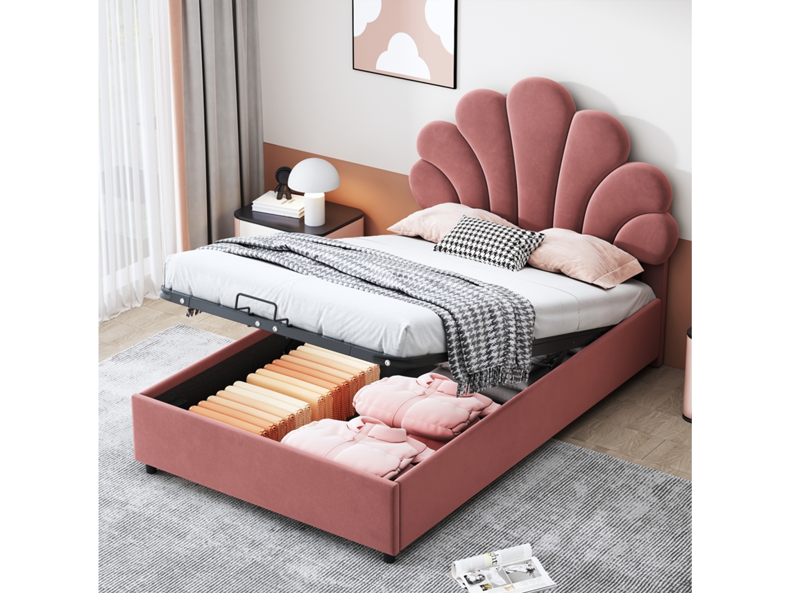 Cama Infantil De 90x200 Cm, Terciopelo Rosa Con Almacenamiento Floral.
