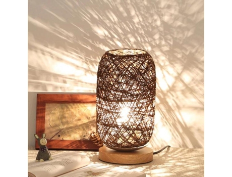 Lámpara de mesa de madera nórdica, lámpara de noche para dormitorio, lámpara artística deco para escritorio, lámpara de bola de ratán con carga USB...