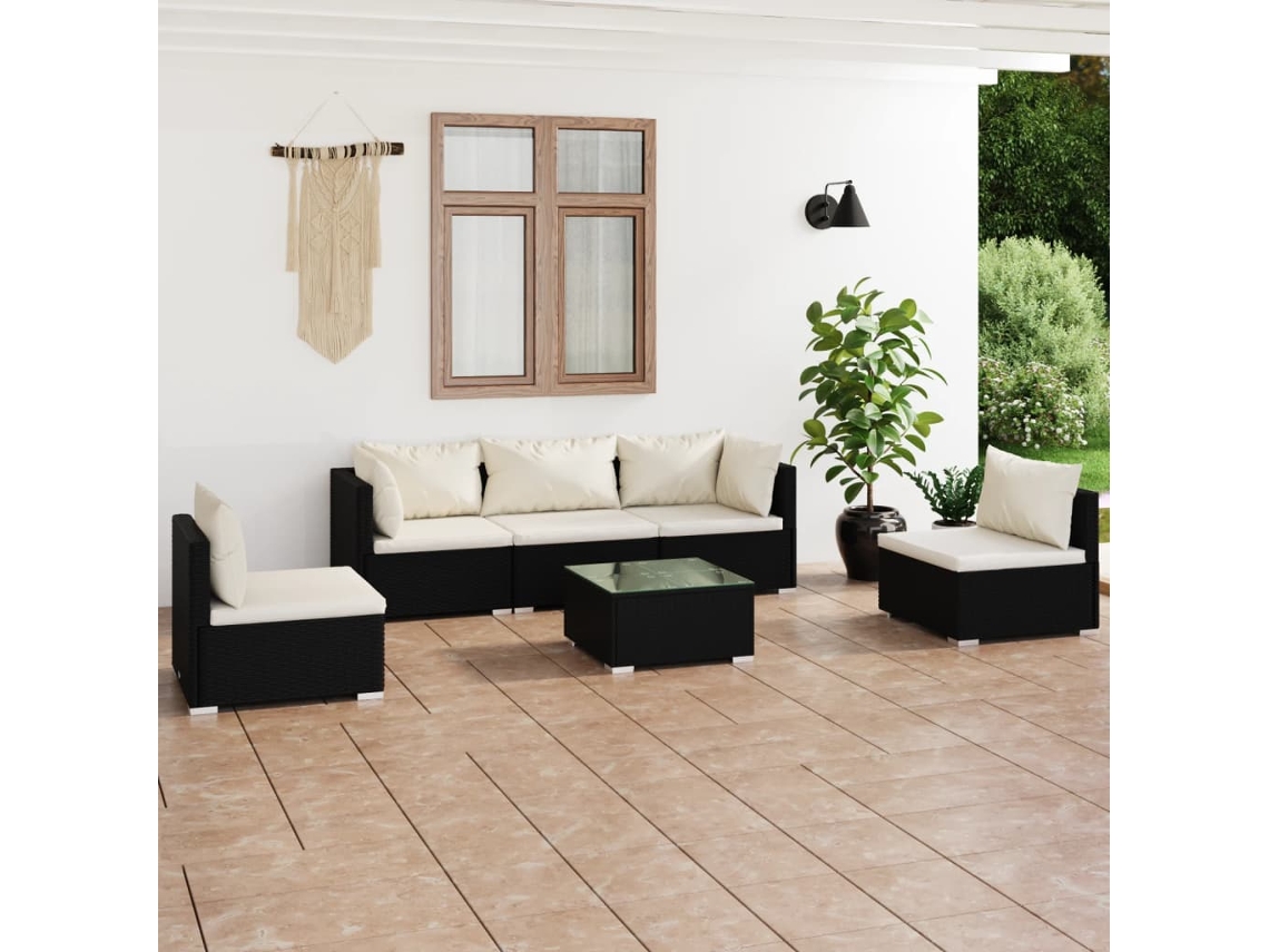 Conjunto de jardín DKD Home Decor de 6 piezas con cojines de mimbre negros