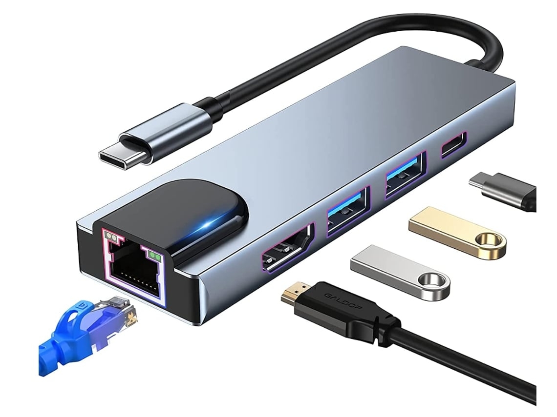 Adaptador concentrador USB C multipuerto 5 en 1, estación de acoplamiento USB C con HDMI 4K, RJ45, Ethernet, USB 3.0, 100 W, PD, gris, Lalalamoli