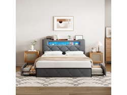 Cama Doble 140 X 190 Cm, Cama Tapizada Con Iluminación Led, Usb Y 4 Cajones, Cabecero Con Espacio De Almacenamiento, Terciopelo Gris Sin Colchón