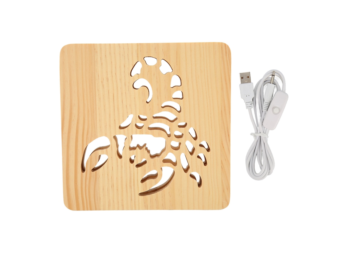 Lámpara de escorpión 3D, LED de madera, alimentada por USB, para dormitorio, oficina, cafetería.