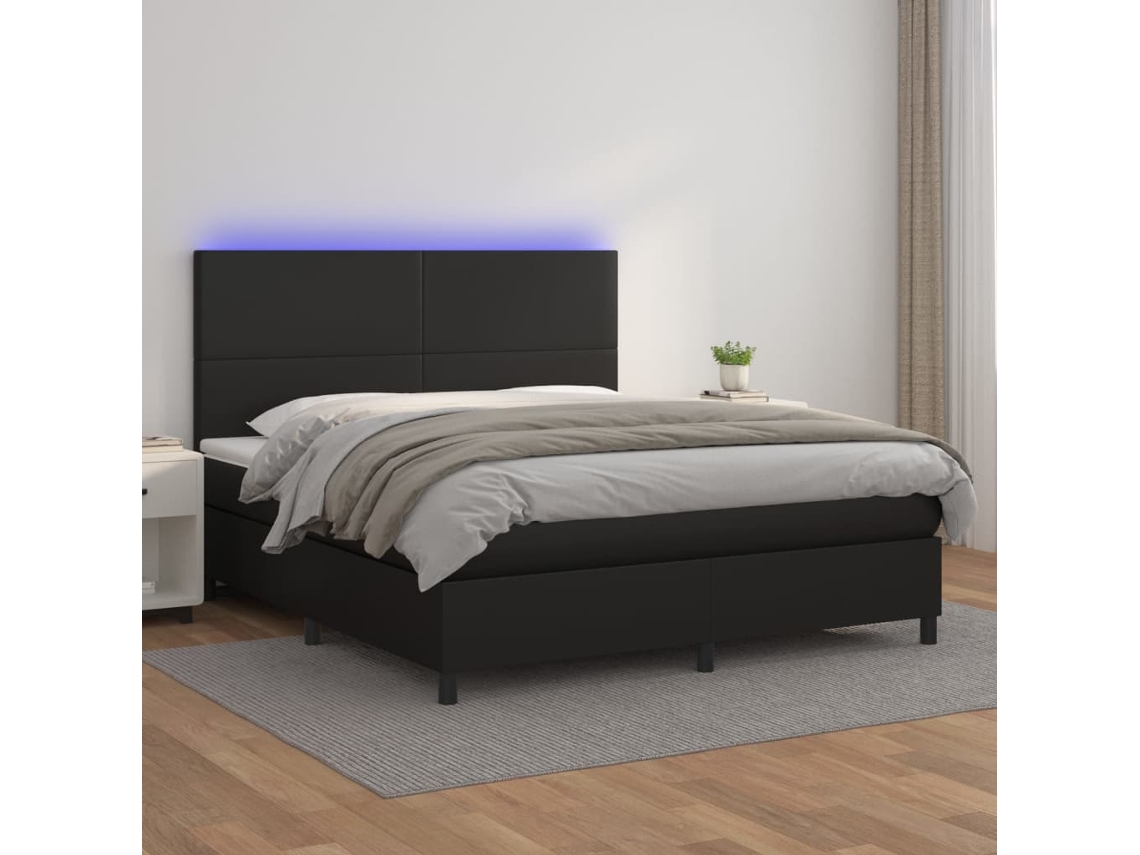 Cama Box Spring Colchón Y Led Cuero Sintético Negro 160x200 Cm