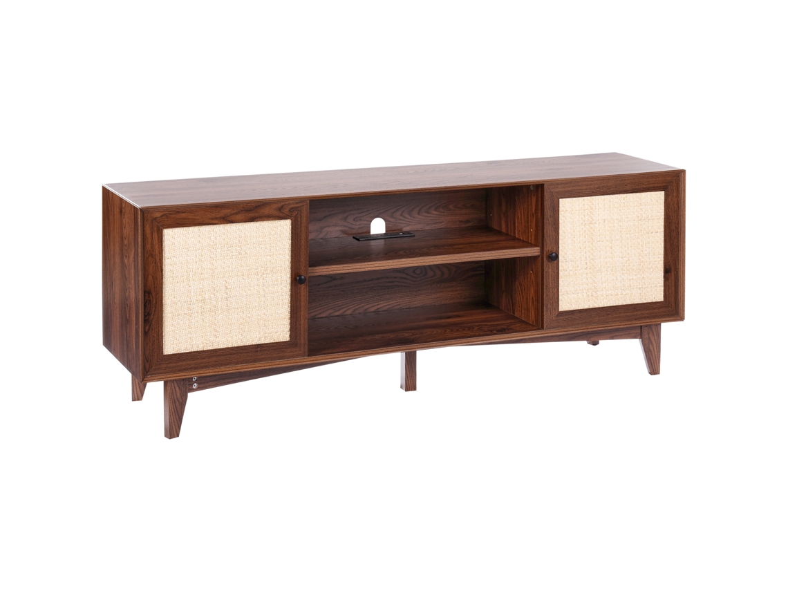 Soporte de TV VEVOR Rattan para TV Boho de 75 Pulgadas con Enchufe Incorporado en Nogal