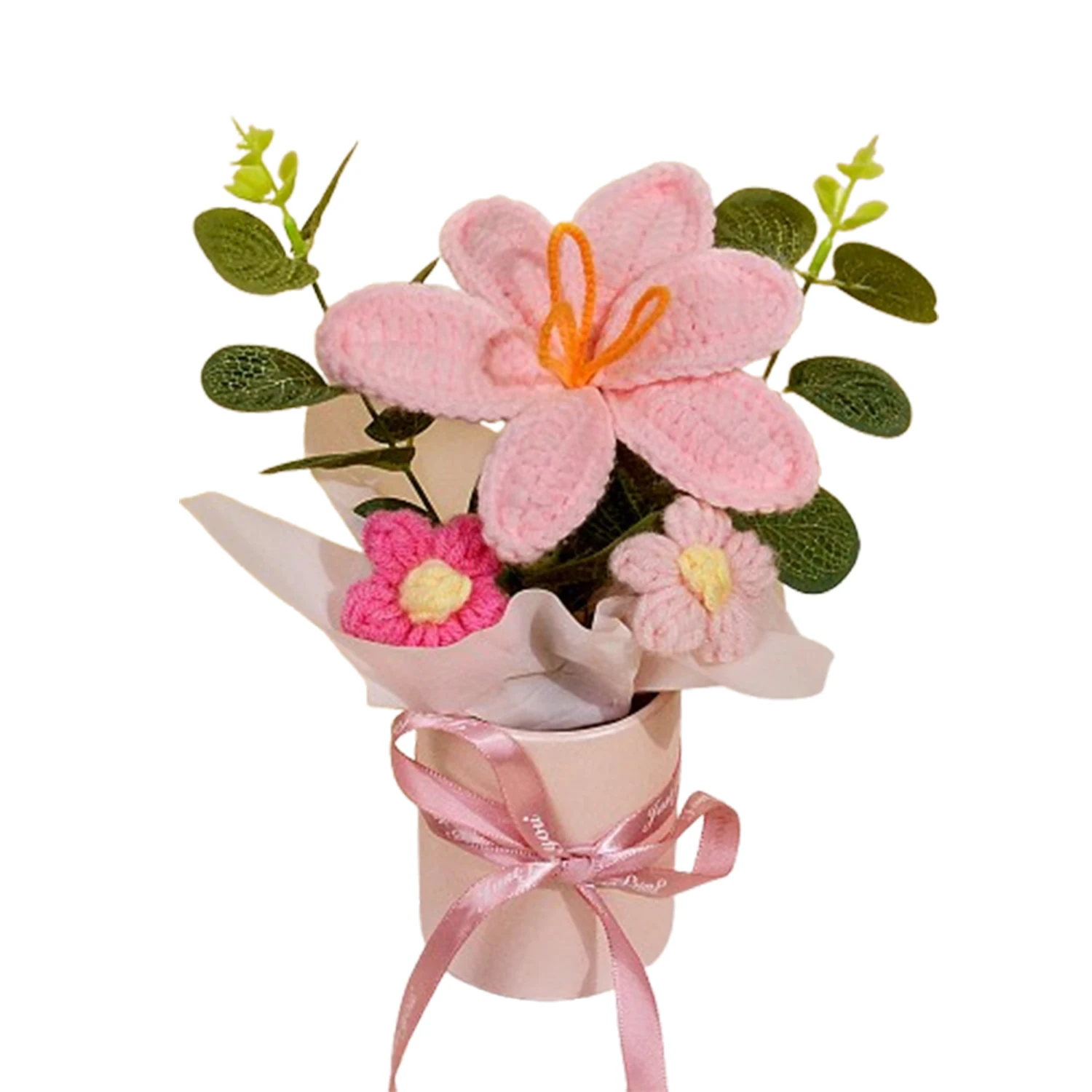 (rosa) Ramo De Tulipanes Tejido A Mano, Ideal Para Decoración Del Hogar O Como Regalo.
