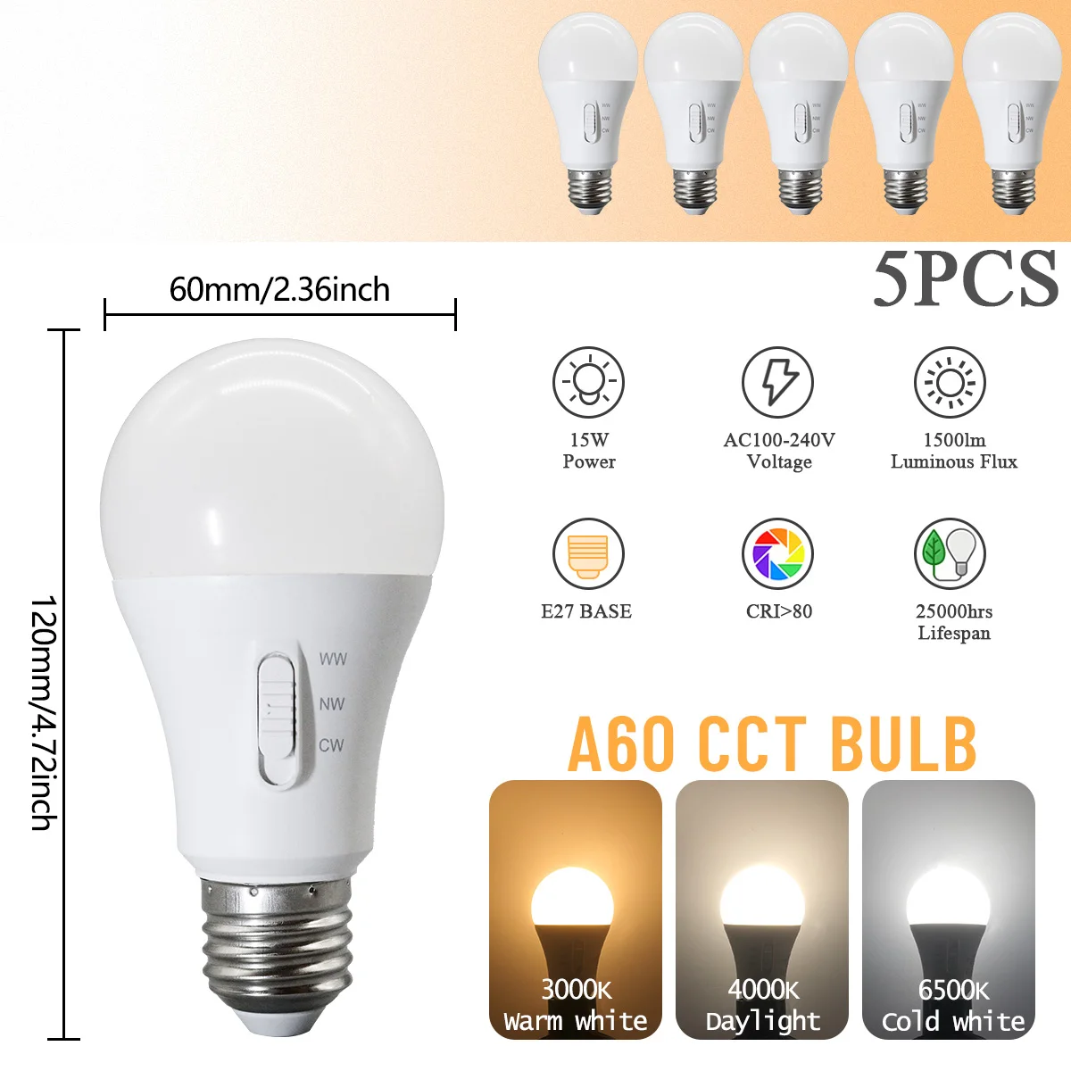 (5pcs, Ac100-240v) Bombilla Led E27 Con Interruptor Dip, Interruptor De Temperatura De Tres Colores, 15w, Para La Iluminación Del Hogar