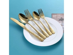 Juego De Cubiertos De Acero Inoxidable (5 Piezas Doradas), Juego De Cubiertos Dorados, Cuchillo, Tenedor Y Cuchara.