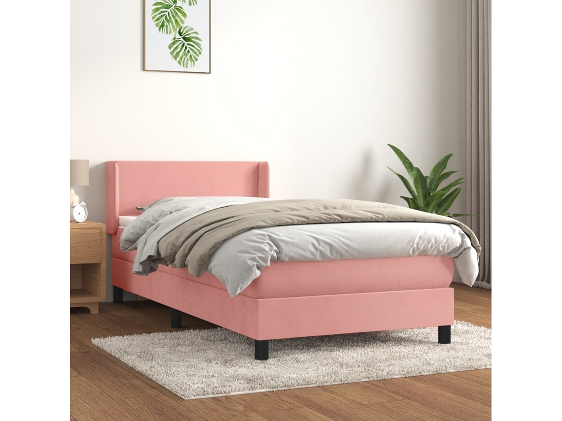 Cama Box Spring Con Colchón Terciopelo Rosa 90x200 Cm