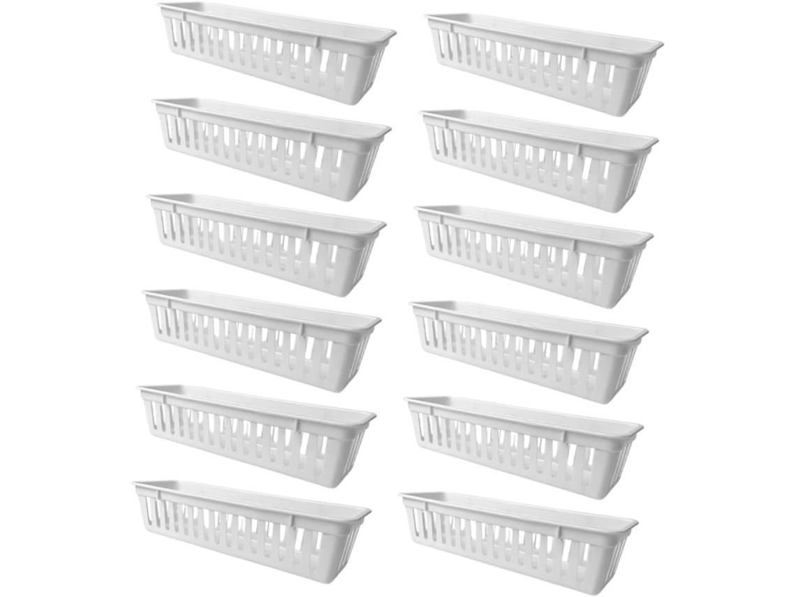 Juego De 12 Cestas De Almacenamiento Rectangulares Multiusos De Plástico Perforado Blanco