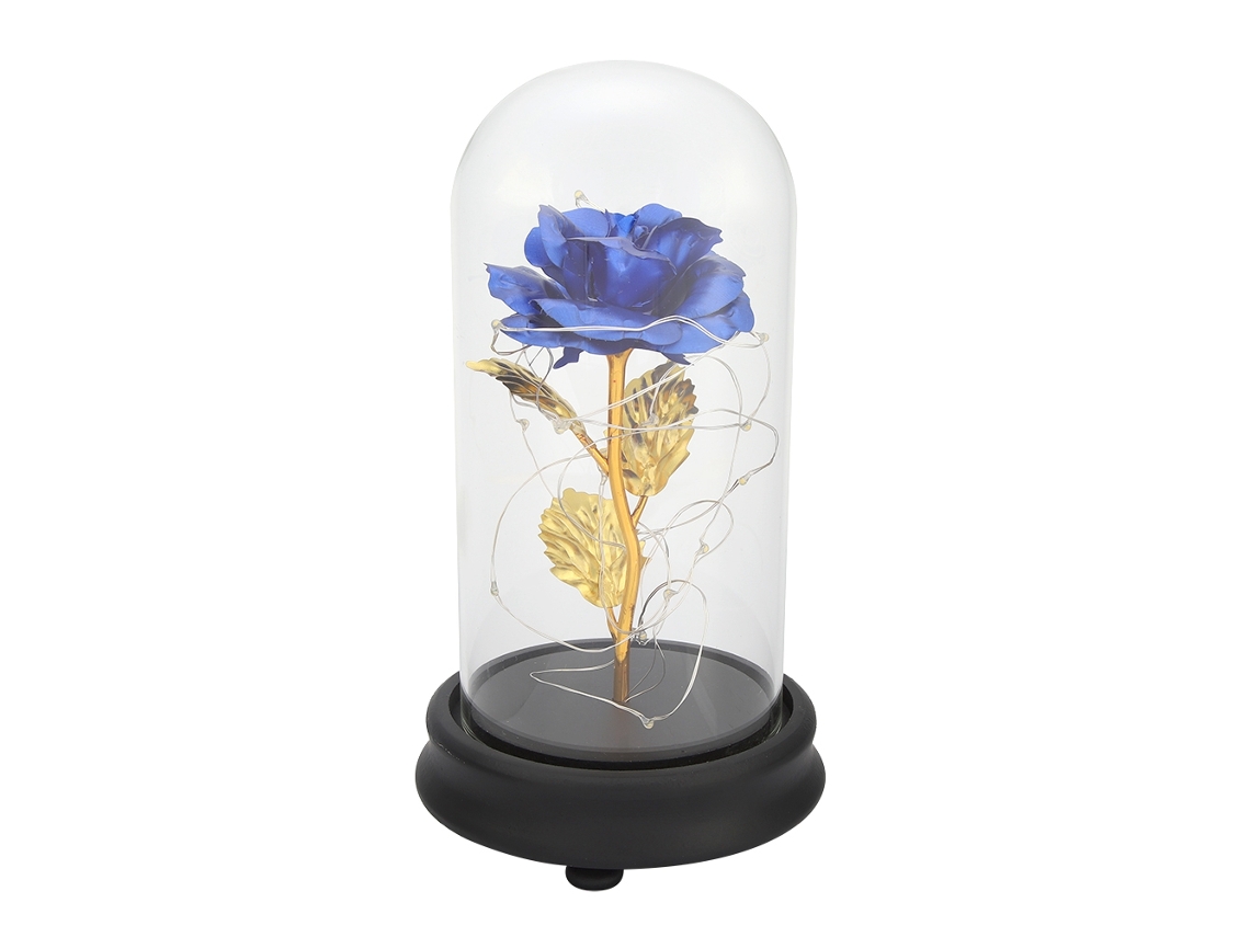 Rosa Preservada Bañada En Oro De 24 Quilates Con Luz Led Y Cubierta De Cristal - Regalo Para Bodas O San Valentín - Azul