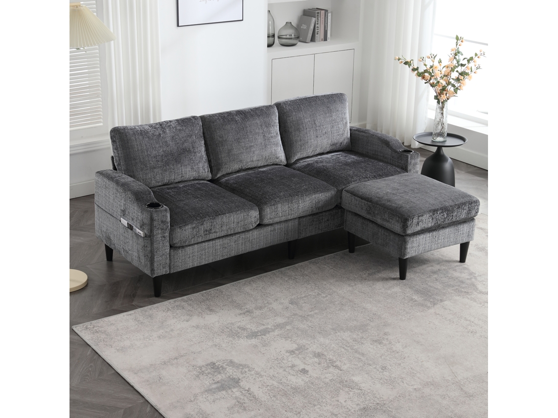 Sofá modular de 4 plazas con otomana, espacio de almacenamiento, reposabrazos con portavasos, bolsillo lateral, tejido de chenilla, color gris.