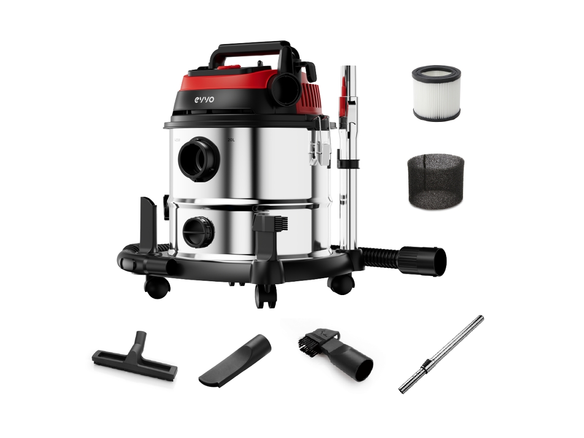 Aspiradora Evvo Ae84 para sólidos y líquidos, 1380 W, 20 L, función de soplado y filtro HEPA.