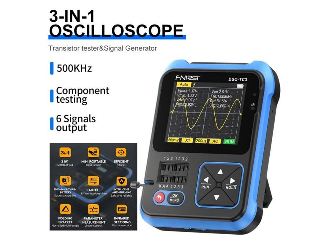Osciloscopio digital portátil de ancho de banda de 500 Khz y probador de transistores 3 en 1 MIOLOE