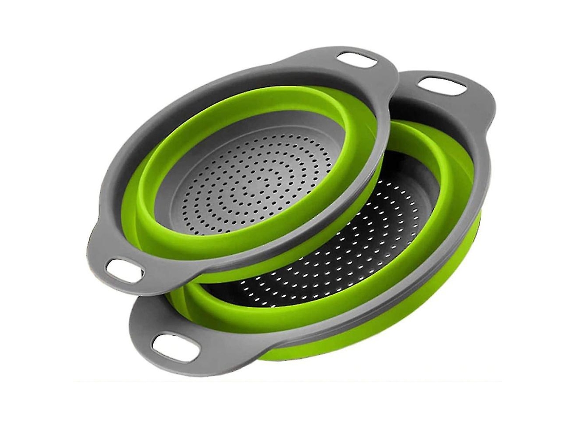 2 coladores plegables con mangos resistentes al calor, para uso en la cocina.