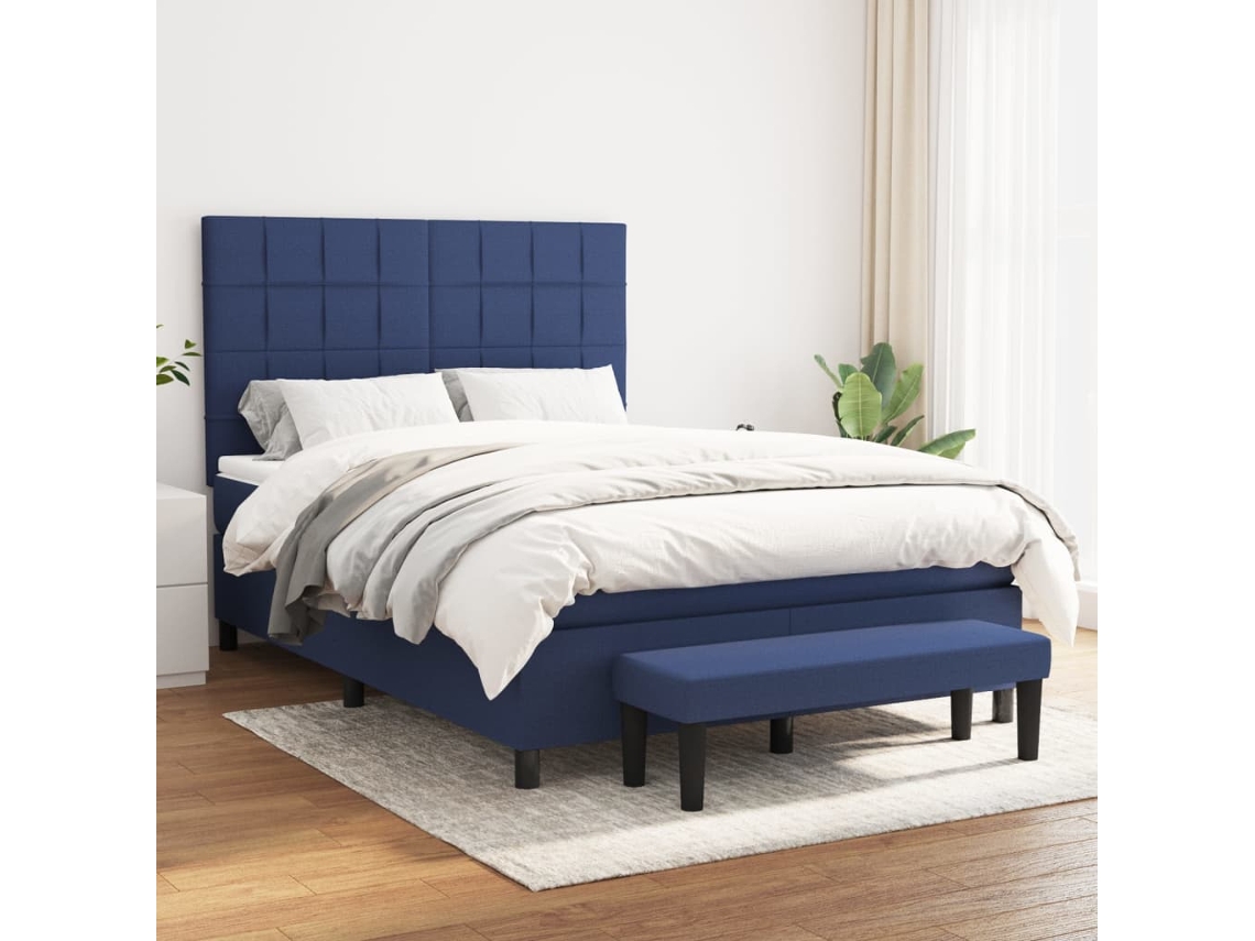 Cama Box Spring Con Colchón Tela Azul 140x190 Cm