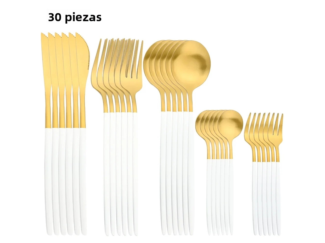 Juego de cubiertos de acero inoxidable de 30 piezas, incluye cuchillo para fruta, cuchara, tenedor y servilleta de cocina. Mdug (platino)