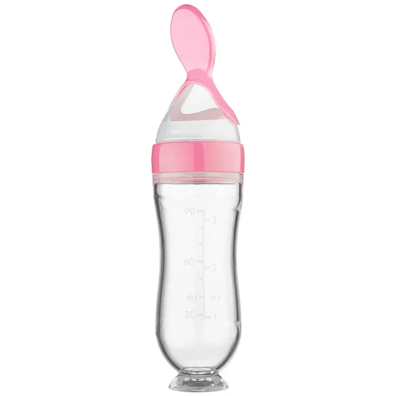 Biberón De Silicona Rosa Para Recién Nacidos Con Cuchara Para Comida, Vajilla Segura Para Niños