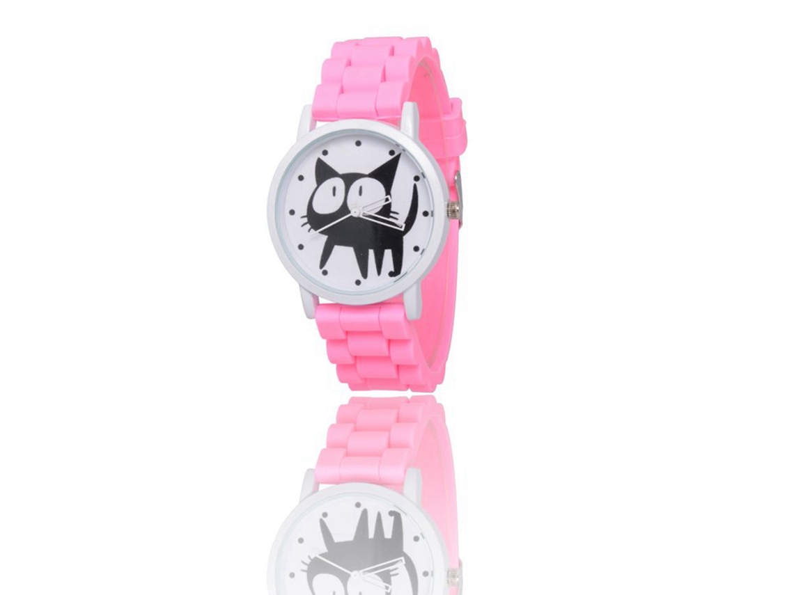 Reloj De Pulsera De Cuarzo A La Moda Con Correa De Silicona, Lindo Gatito, Ojos Grandes, Rosa.