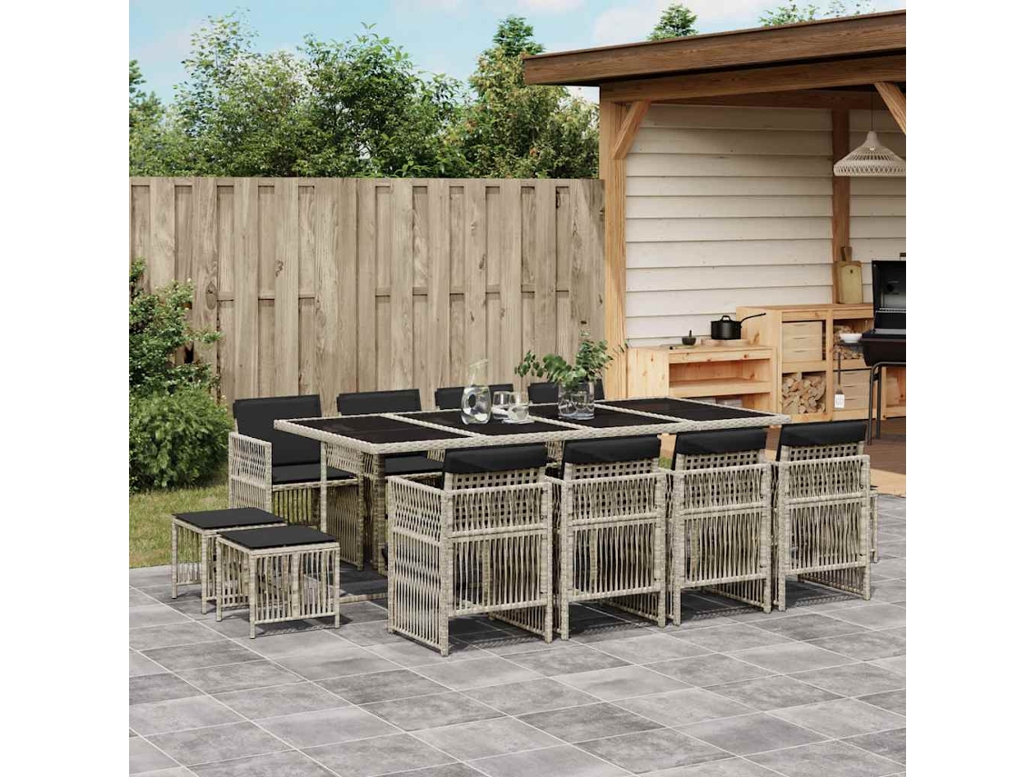 Juego de comedor de jardín de 13 piezas con cojines de mimbre gris claro, Dkd Home Decor