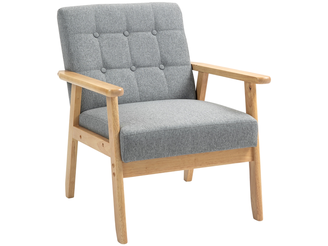 Sillón Tapizado En Lino Con Brazos De Madera De Caucho Gris Claro, 130 Kg.