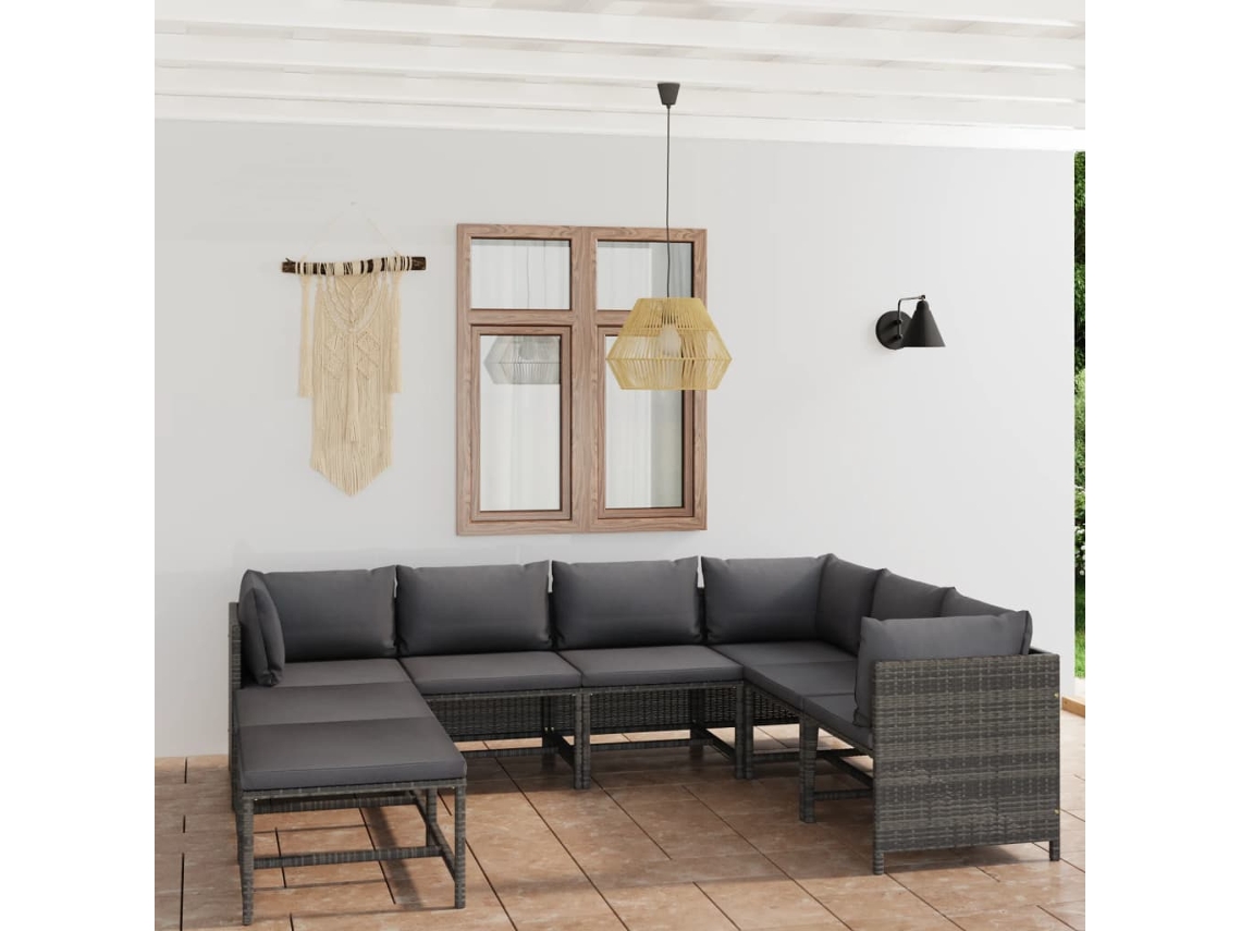 Conjunto de jardín de 8 piezas con cojines en mimbre gris, DKD Home Decor