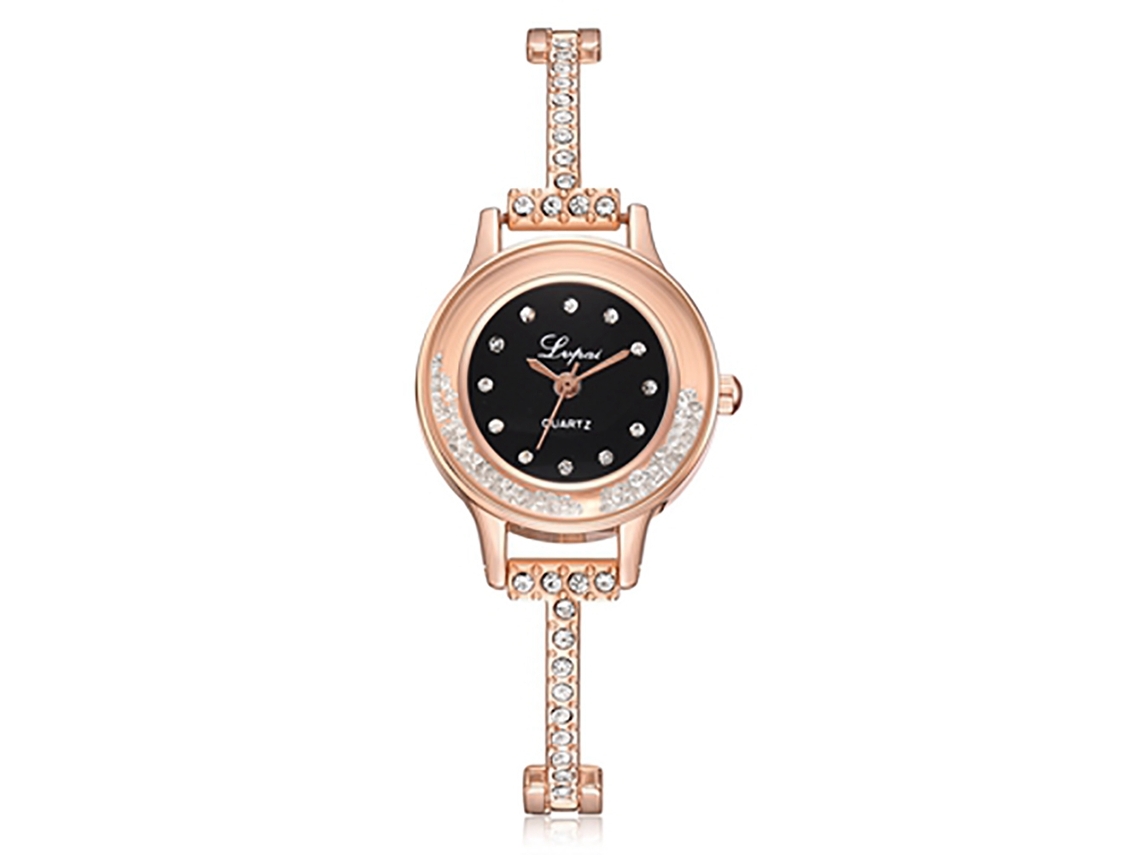 Elegante Reloj De Pulsera Para Mujer Con Pedrería, Correa Fina, Movimiento De Cuarzo, Oro Rosa + Negro.