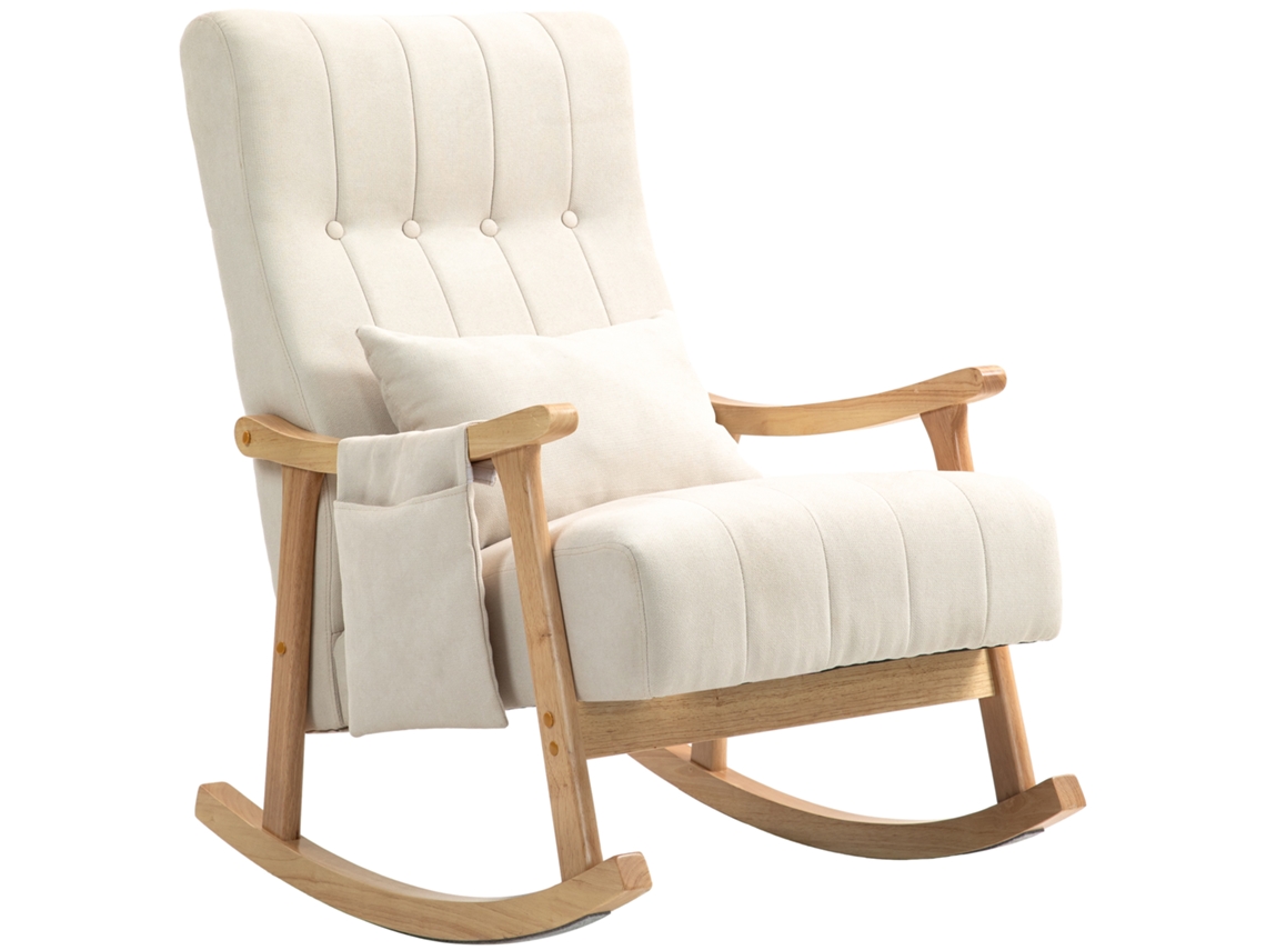 Sillón mecedora reclinable tapizado en color beige con bolsillo lateral.