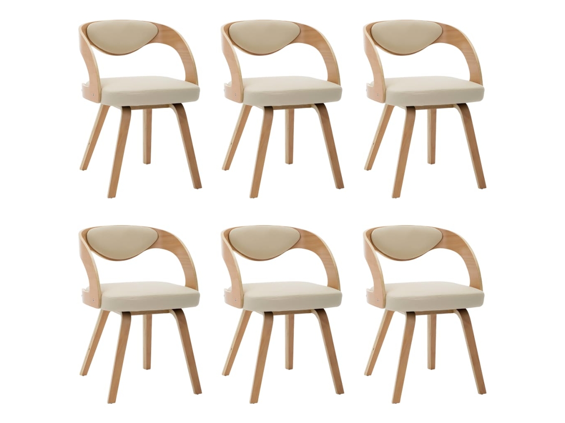 Conjunto 6 Cadeiras jantar VIDAXL madeira curvada e couro artificial creme