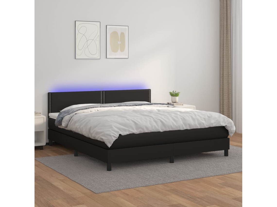 Cama Box Spring Colchón Y Led Cuero Sintético Negro 180x200 Cm