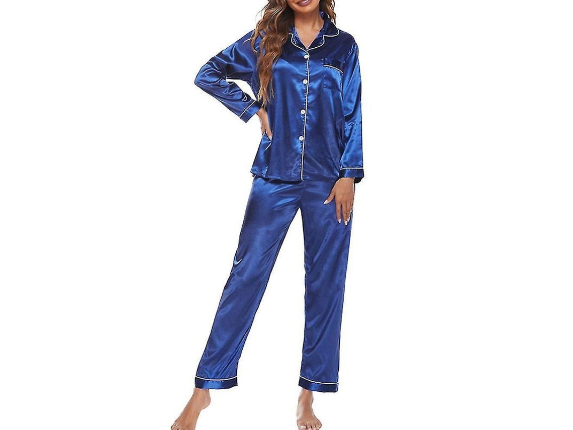 Pijama De Seda Satín Para Mujer Conjunto De Dos Piezas Ropa De Dormir Manga Larga M Azul