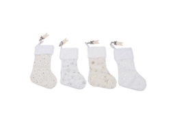 Calcetines navideños con estampado de nieve y etiquetas de madera.