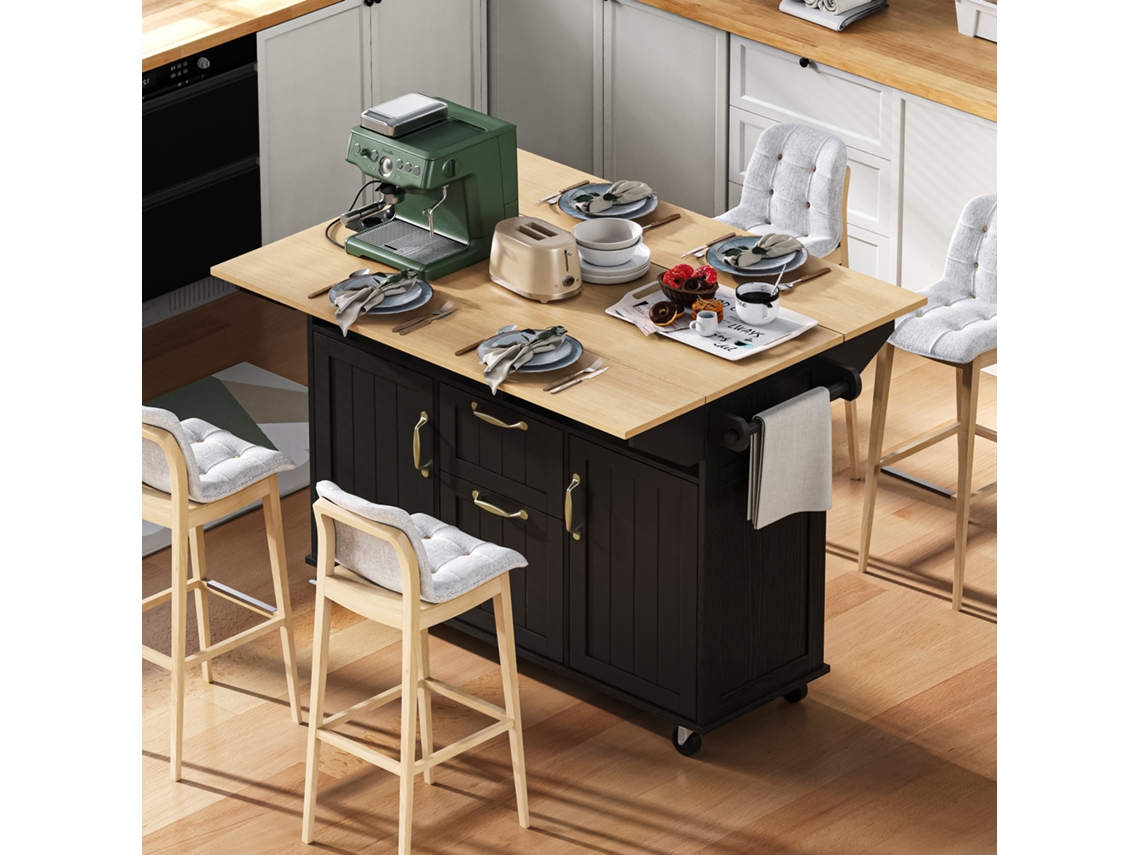 Isla De Cocina Con Ruedas, Cajones Extensibles, Toallero Y Enchufes, Color Negro.