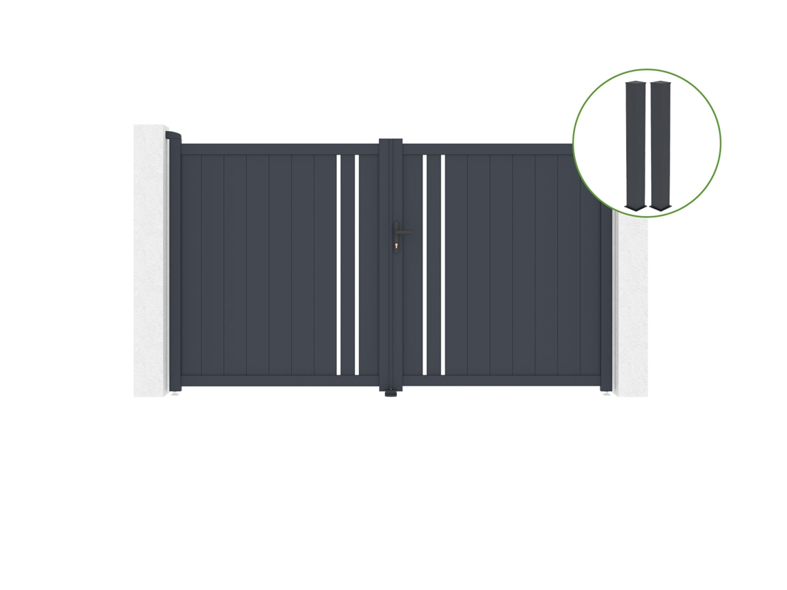 Puerta abatible 3m GIONA H.180 aluminio gris 2 postes 20x20cm H.190cm CASANOOV