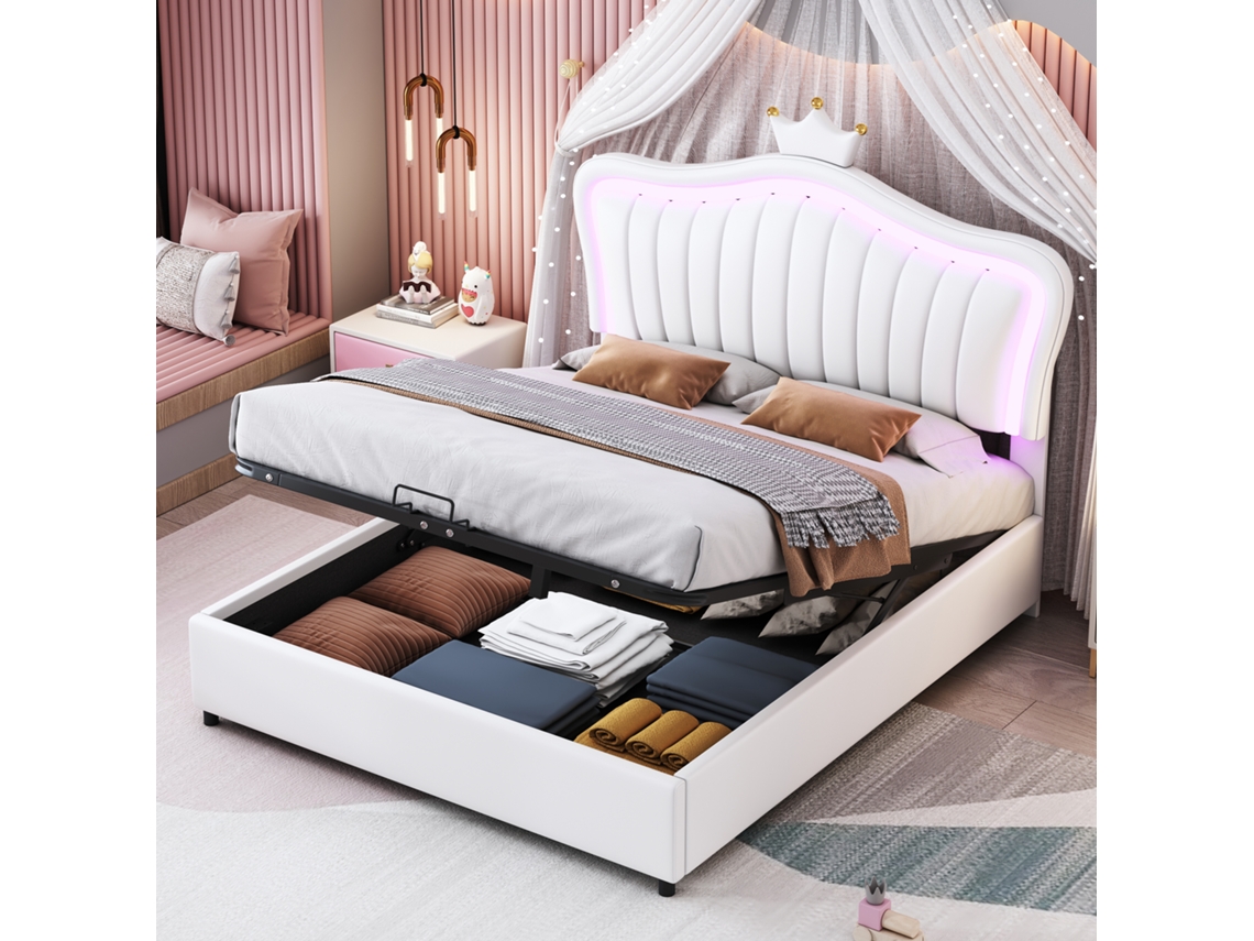 Cama Infantil Princess De 140x200 Cm Con Almacenamiento Hidráulico, Estructura De Poliuretano Blanco, Iluminación Led Y Somier De Láminas Incluido.