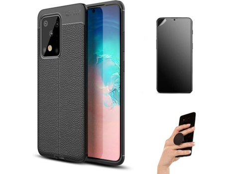 Kit Carcasa Y Protector Samsung S20 Ultra Ultimatte Rugged Leather Y Popsocket Negro