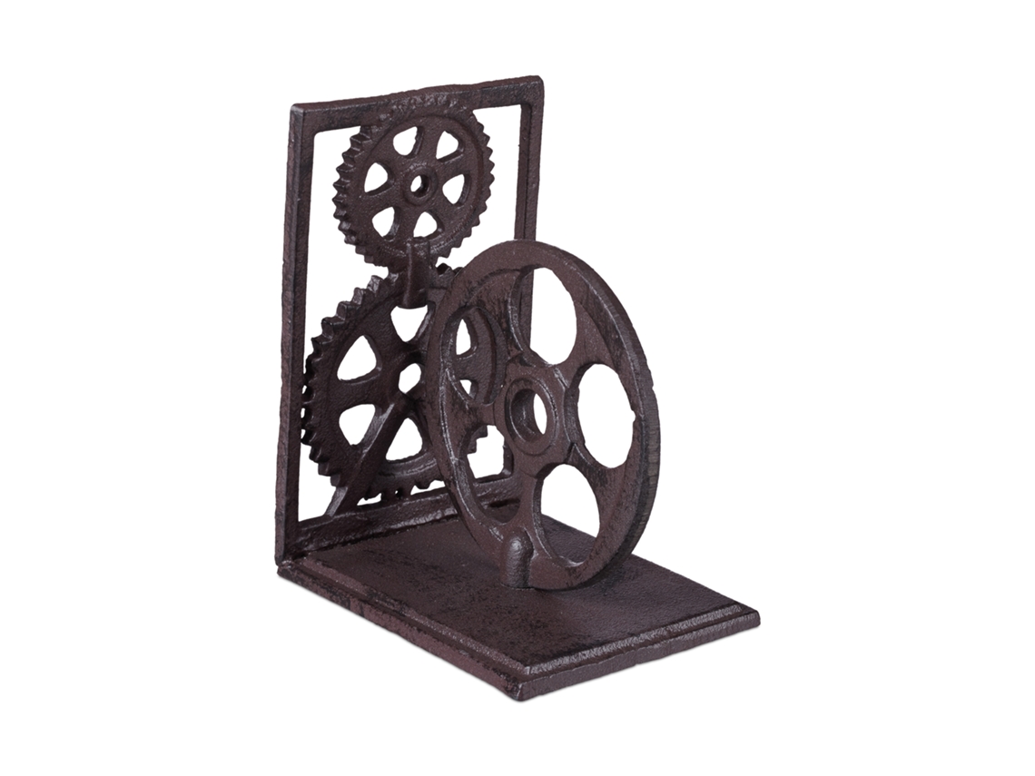 Relaxdays Soporte Para Libros Retro De Hierro Fundido, Motivos Dvd, Engranajes Y Rollo De Película, 16×13×10 Cm, Marrón