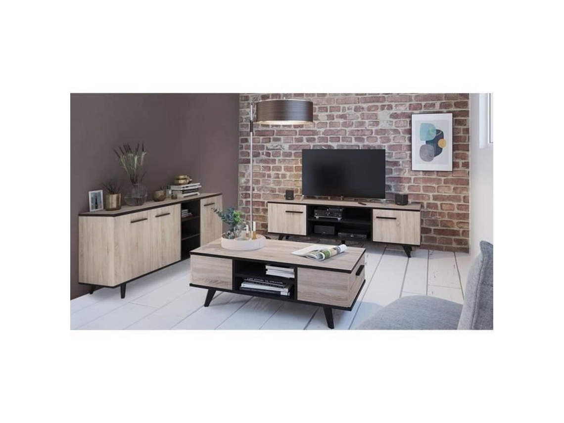 Aparador de melamina estilo escandinavo, mesa de centro, mueble para TV - roble cepillado y negro DEMEYERE