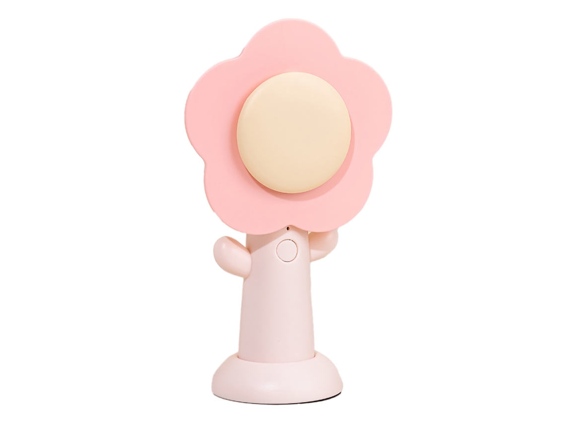 Ventilador de mano rosa, recargable por USB, con forma de flor.