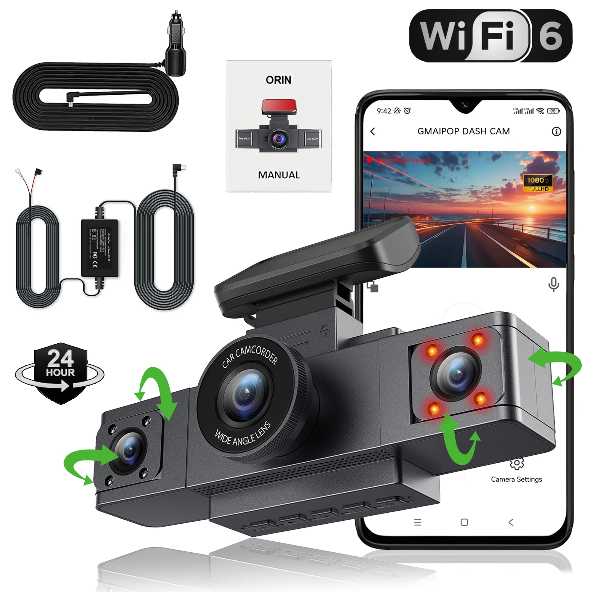 (sin Tarjeta Sd, 3 Canales) Cámara Dvr Para Coche Con Wifi, 1080p