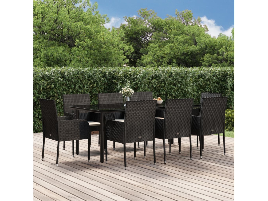 Juego de comedor de jardín de 9 piezas con cojines, mimbre sintético negro, DKD Home Decor
