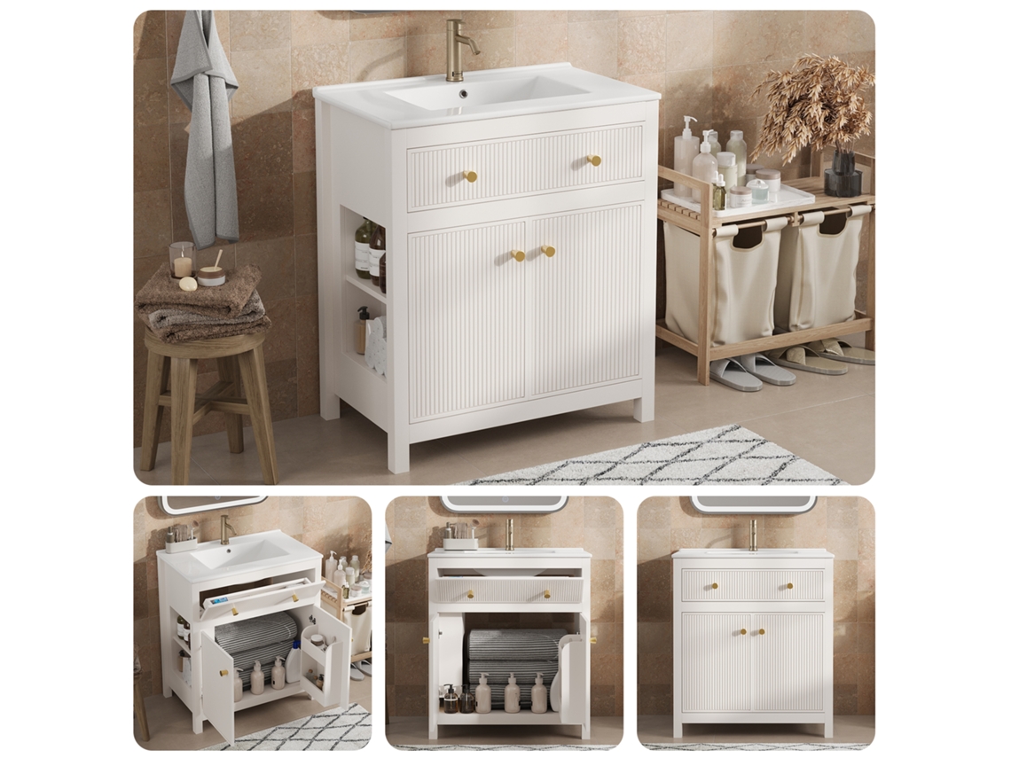 Mueble De Baño Blanco De 81x46,5 Cm Con Lavabo De Cerámica Y Diseño Estriado.