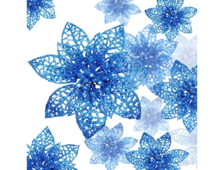 24 piezas de adorno de árbol de Navidad de flor de Pascua con purpurina, adorno de decoración de flores de Navidad, azul