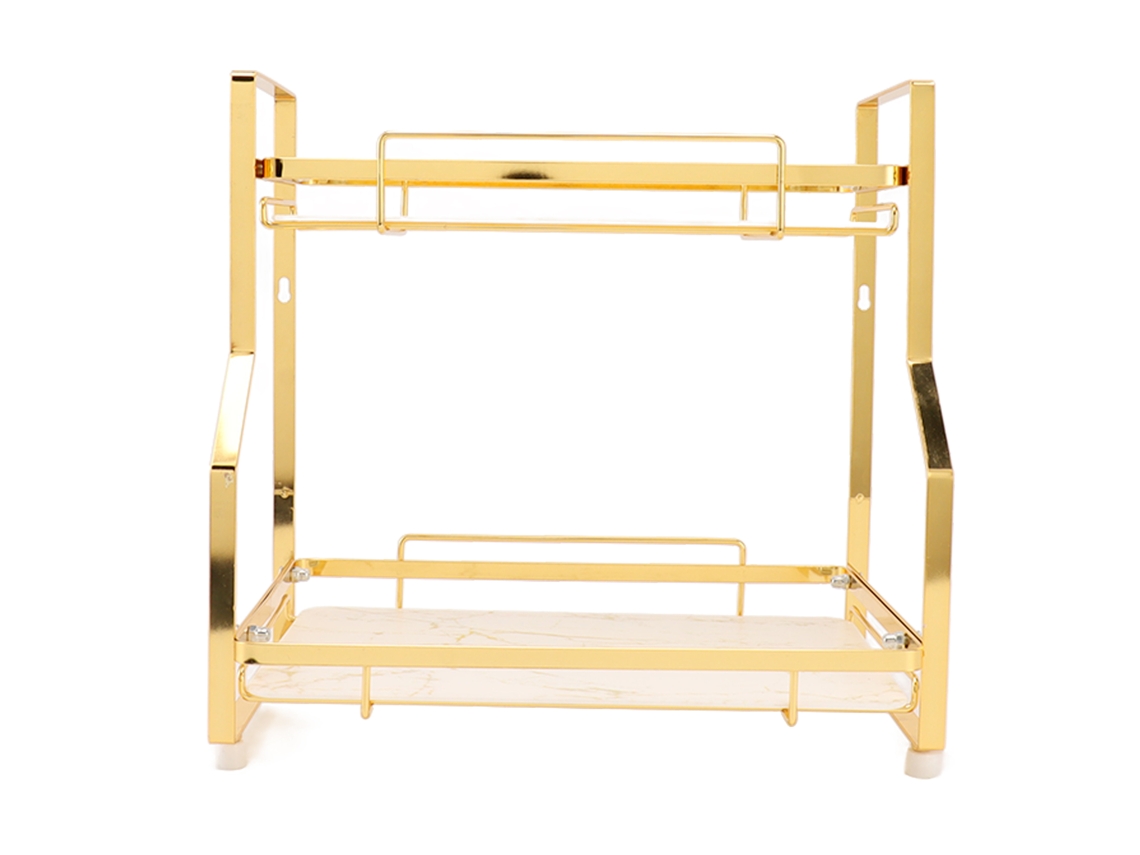 Estante de pared esquinero para baño, 2 niveles, blanco y dorado