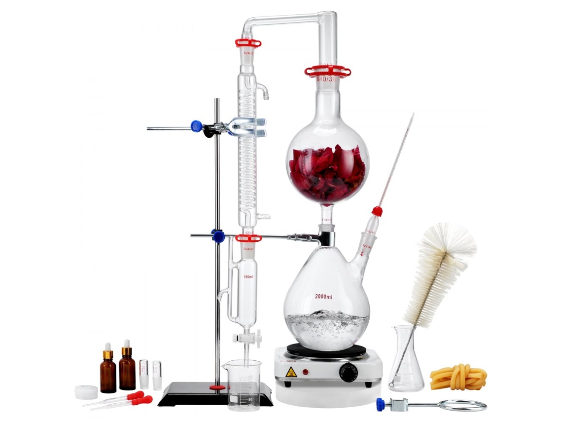 Equipo de destilación de aceites esenciales Tekmaquinas de 2000 ml con placa calefactora