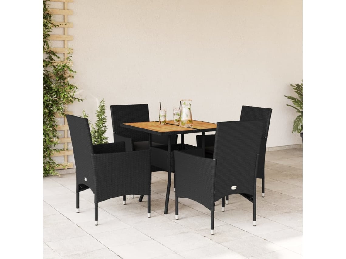 Juego de comedor de jardín de 5 piezas con cojines, mimbre de acacia negro, Dkd Home Decor
