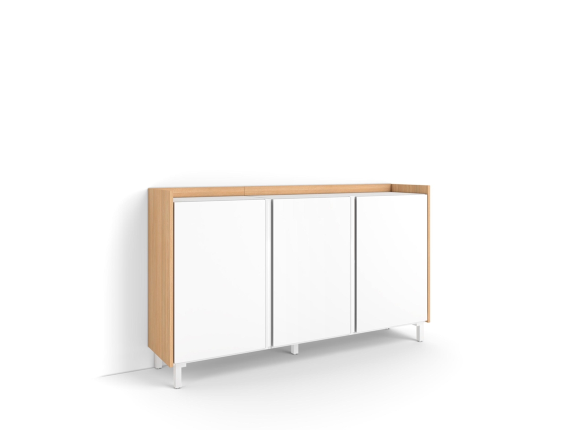Aparador de comedor, 156x35x91cm, 3 puertas, diseño industrial, blanco y roble claro.