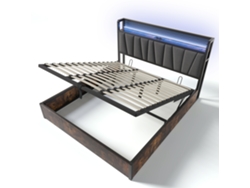 Cama de tela de lino con almacenaje, 180 x 200 cm, con puertos de carga LED y base, color gris
