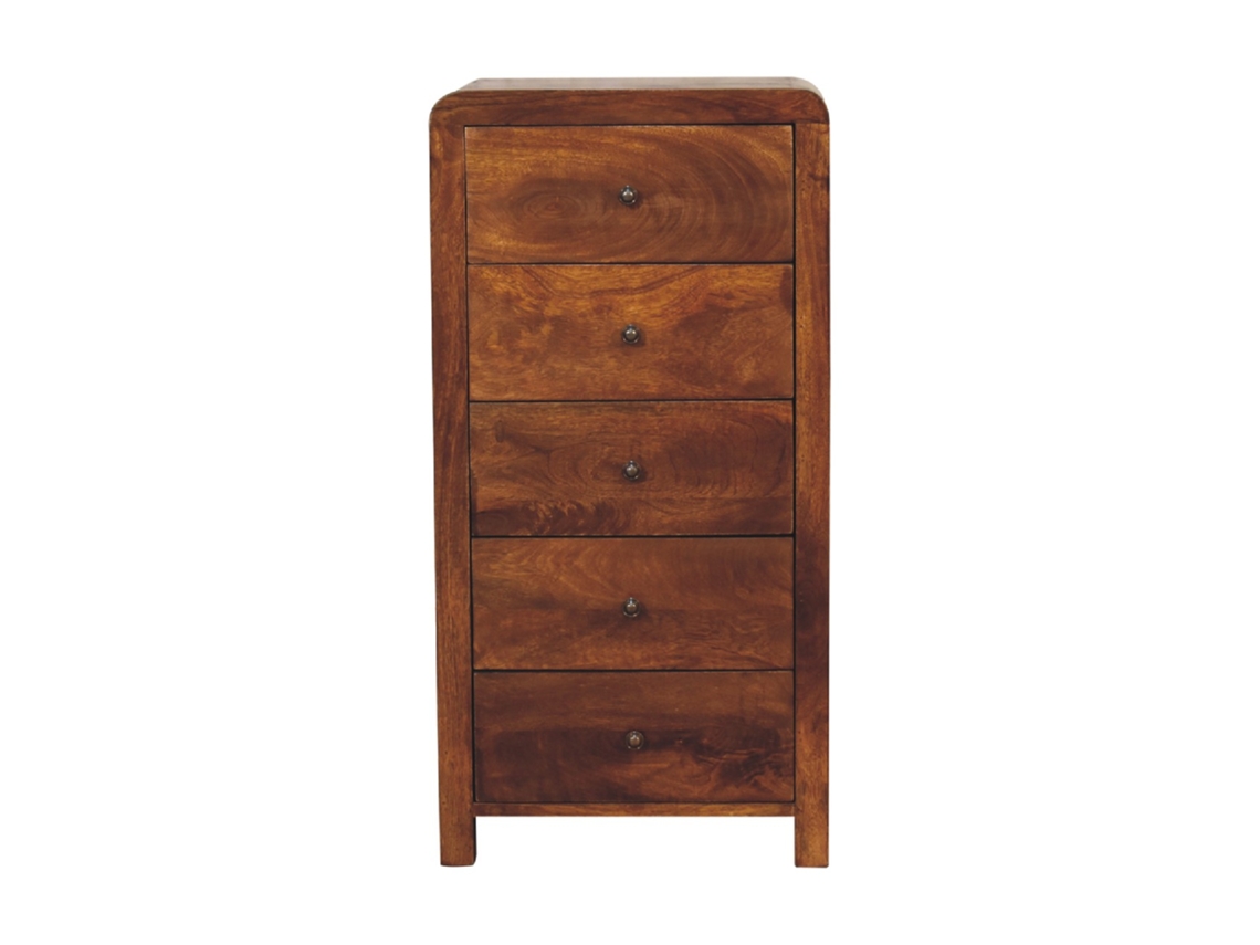 Cómoda alta Aspen de madera maciza, 5 cajones con patas, marrón, ARTISAN FURNITURE EST 1995 TM